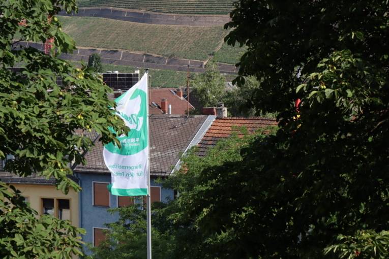 Die Mayors-for-Peace-Flagge weht im Wind, im Hintergrund Gebäude und Felder der Stadt Bingen (Rheinland-Pfalz).